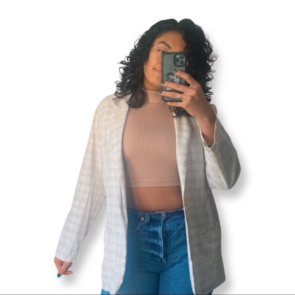 Oversized linen plaid blazer